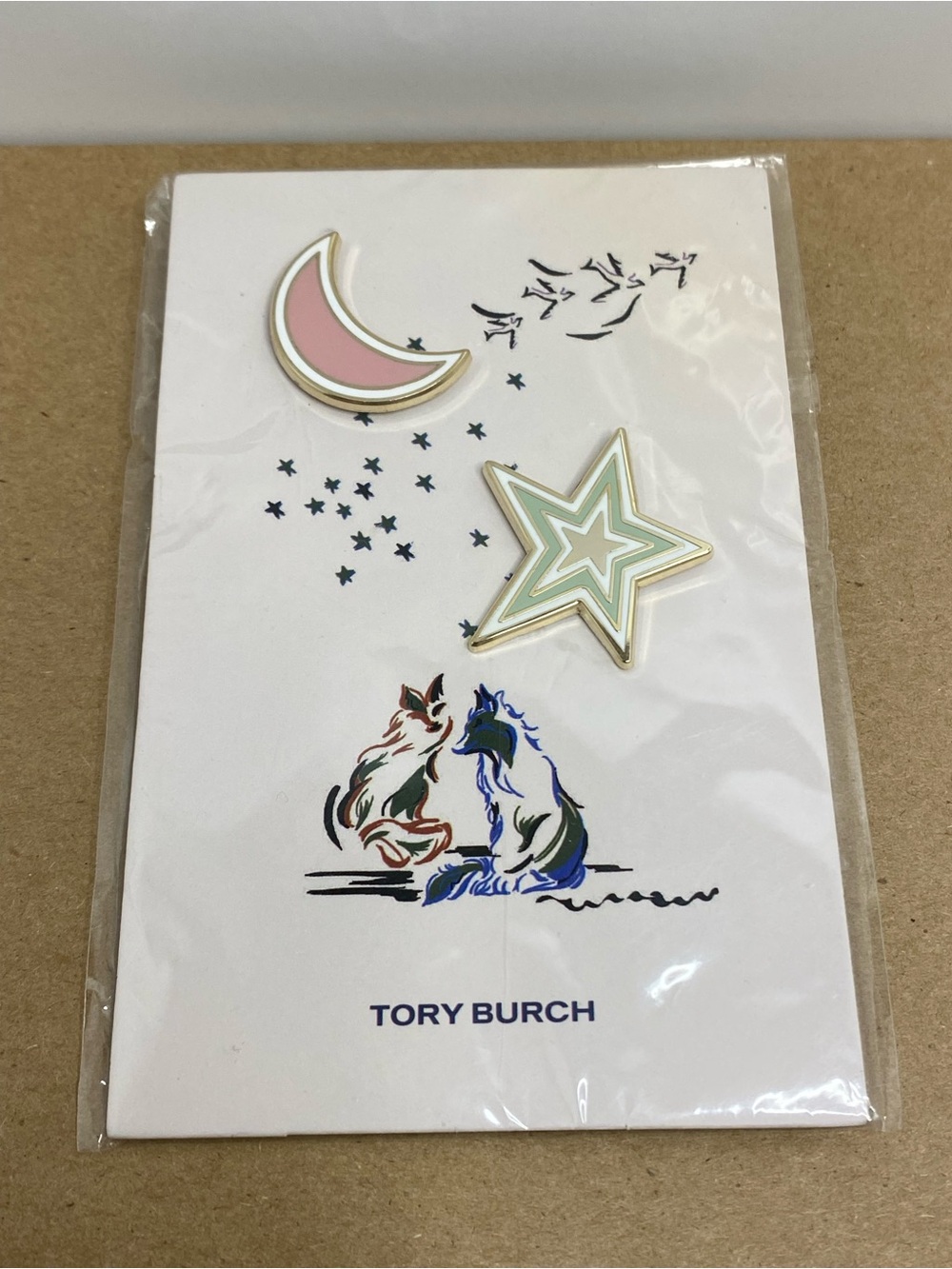 Tory Burch Enamel Moon & Star Lapel Pin Set Gold Tone Pink Green Celestial